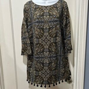 J. Jill large pattern cotton tunic shirt with black Pom Pom trim
